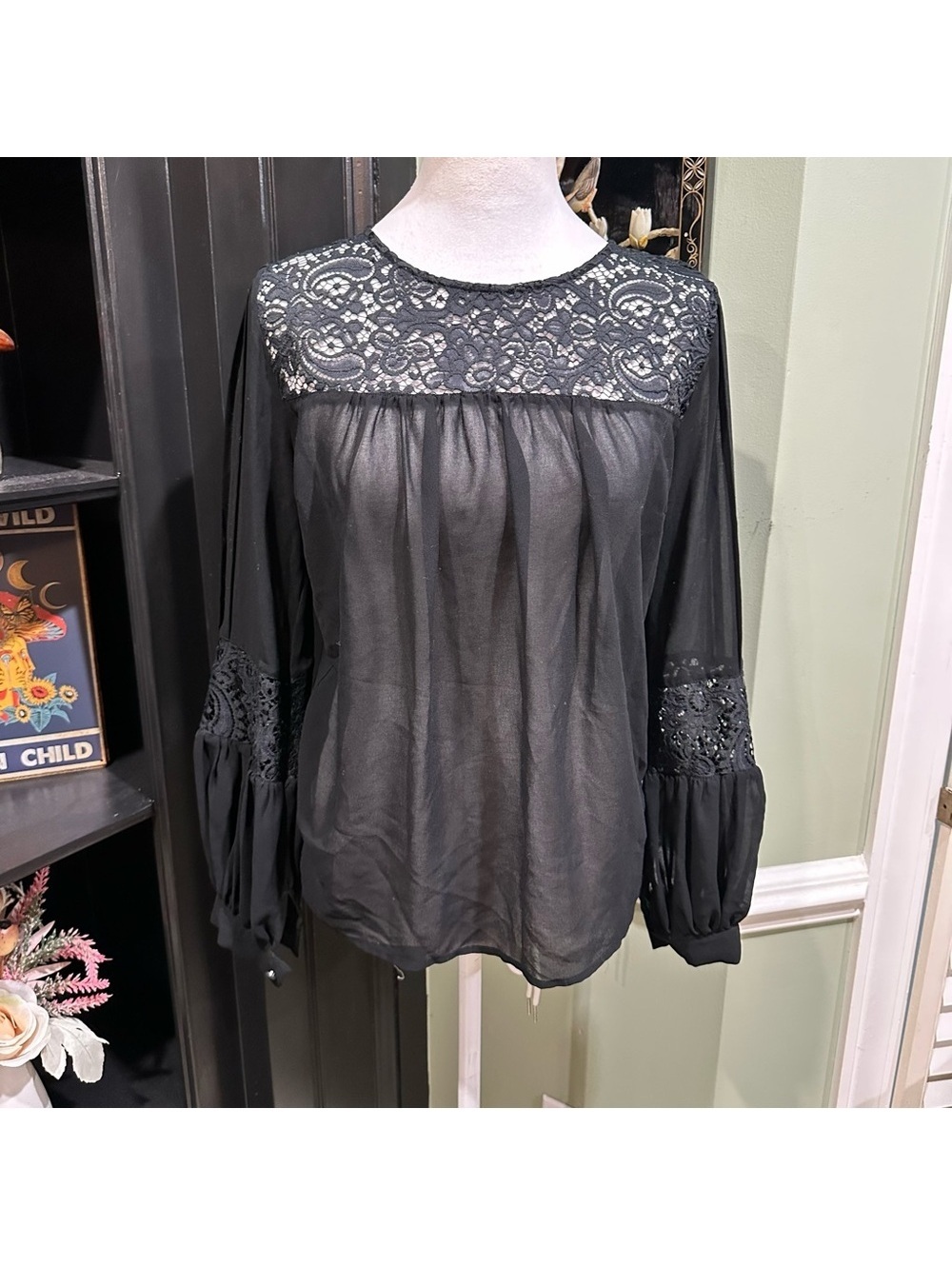 For Love & Lemons Black Lace & Sheer Long Sleeve Blouse – Size XS